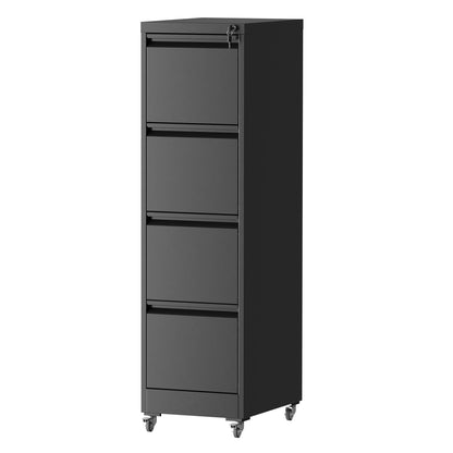 Black locking vertical file cabinet with four drawers and caster wheels