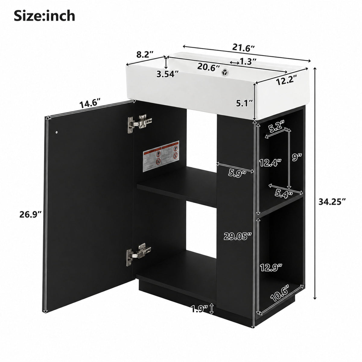 Freestanding bathroom vanity with sink, open cabinet storage and black side doors