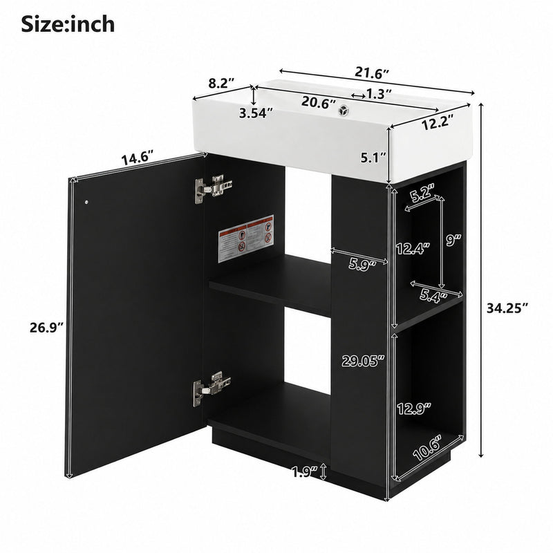 Freestanding bathroom vanity with sink, open cabinet storage and black side doors