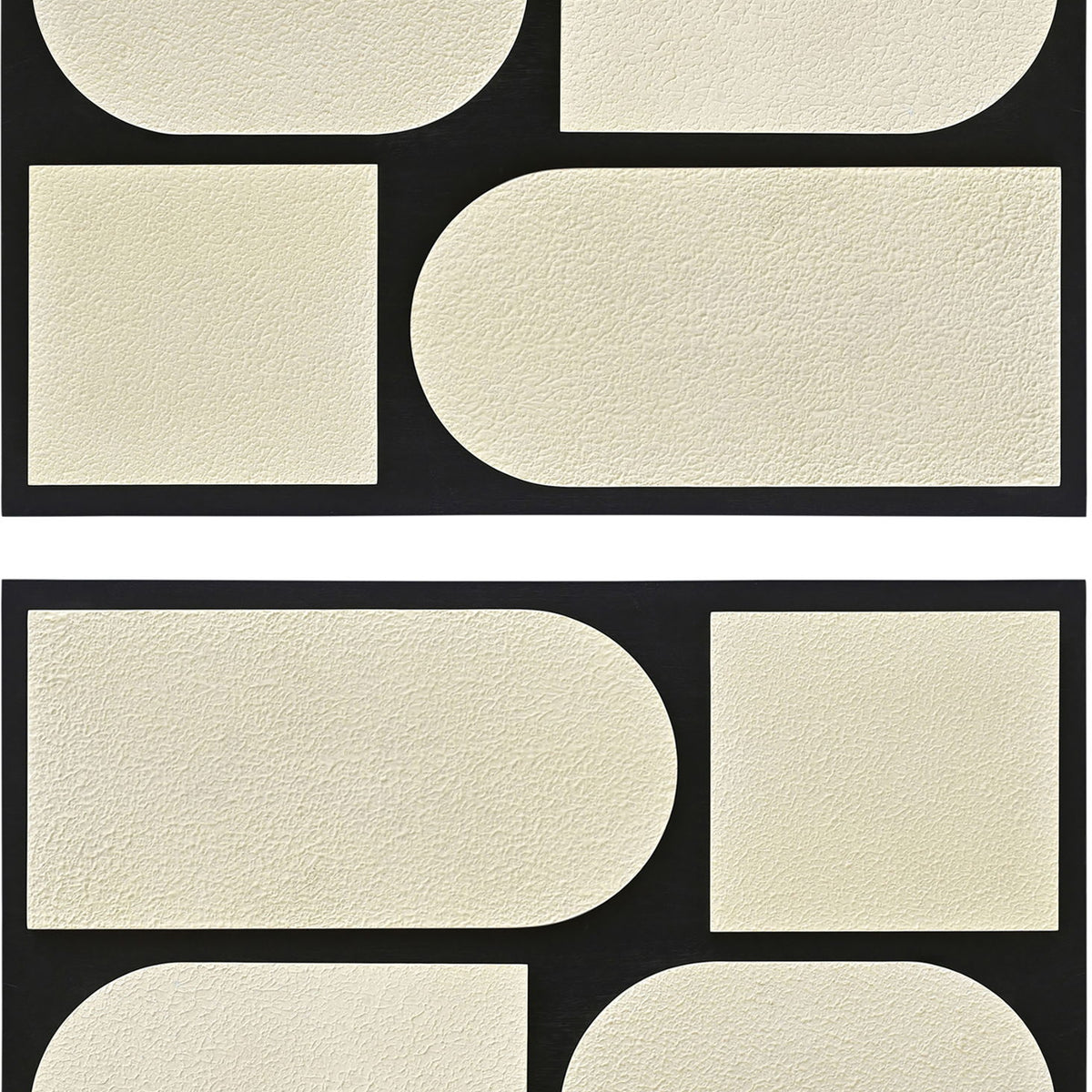 Mango wood 2-piece wall art with black frames and off-white abstract block and oval shapes