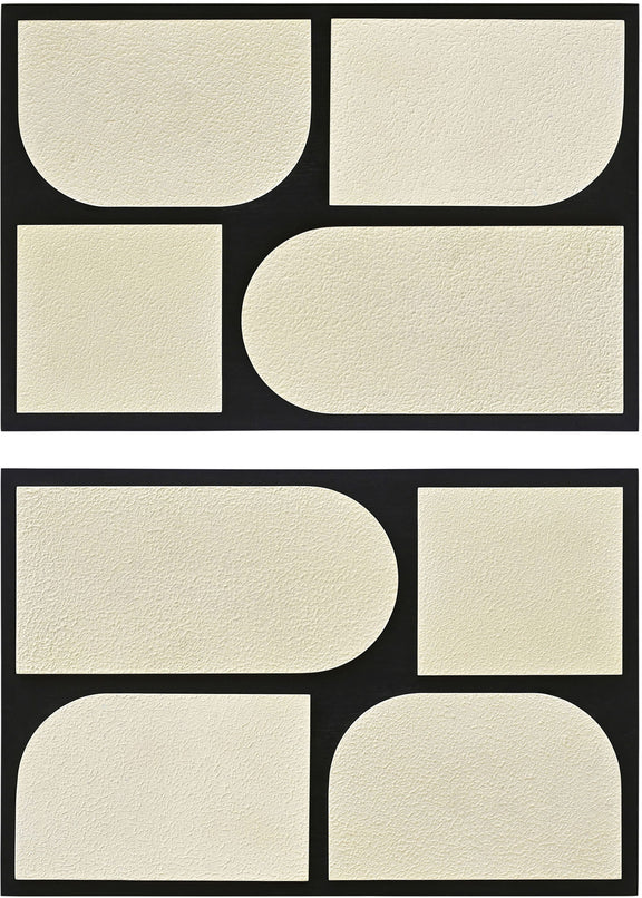 Mango wood 2-piece wall art with black frames and off-white abstract block and oval shapes