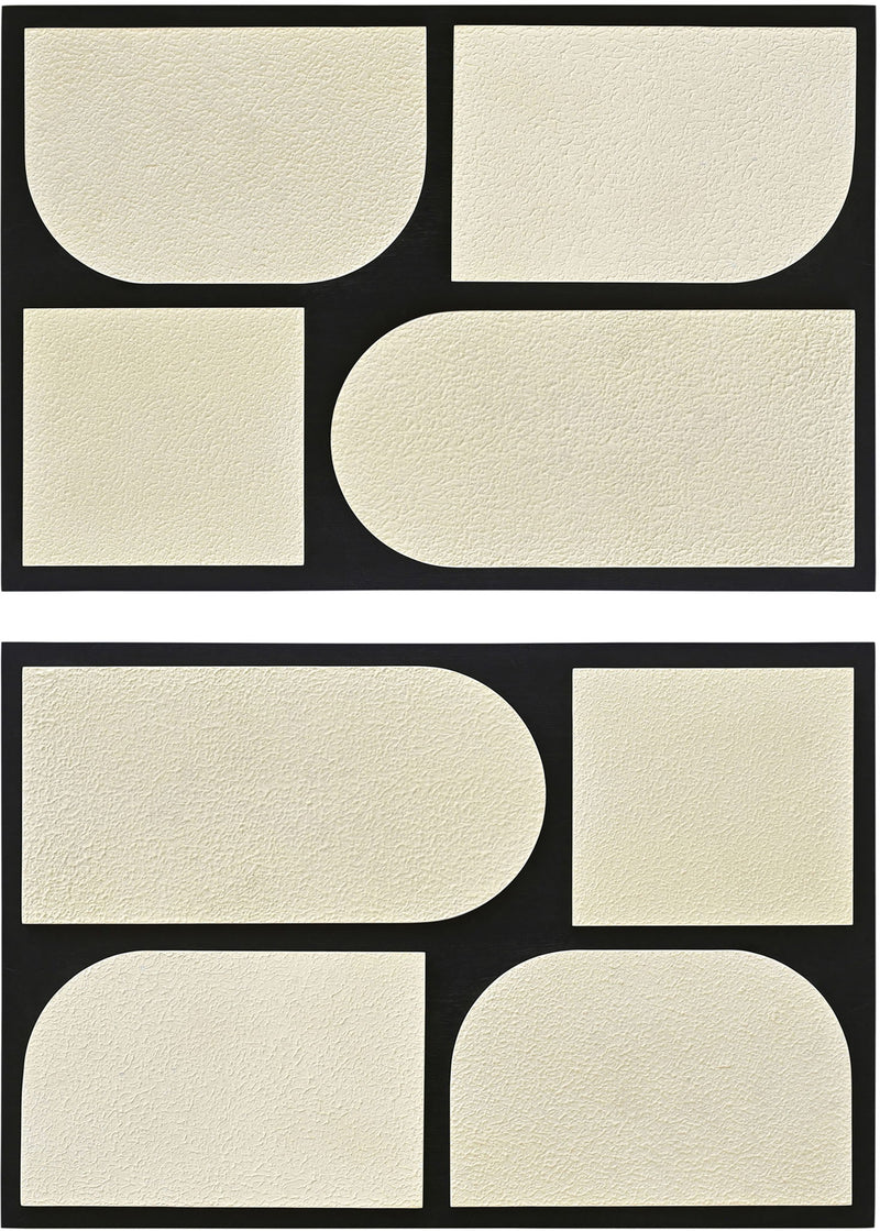 Mango wood 2-piece wall art with black frames and off-white abstract block and oval shapes
