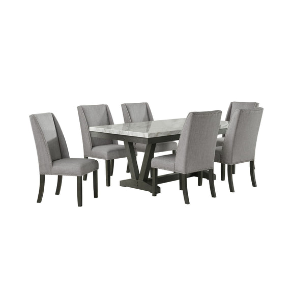Gray 7-piece dining set: square table with six upholstered chairs