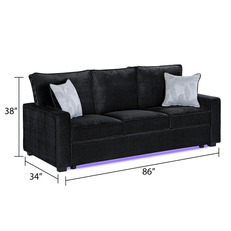 Rita LED living room sofa, dark fabric with two accent pillows and glowing base strip