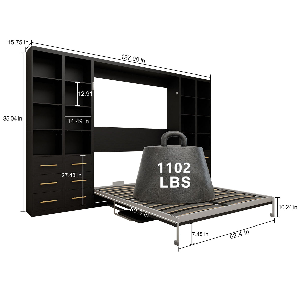 Vertical Murphy wall bed with storage cabinet, open frame and slats, 1102 LBS, 3/4 view
