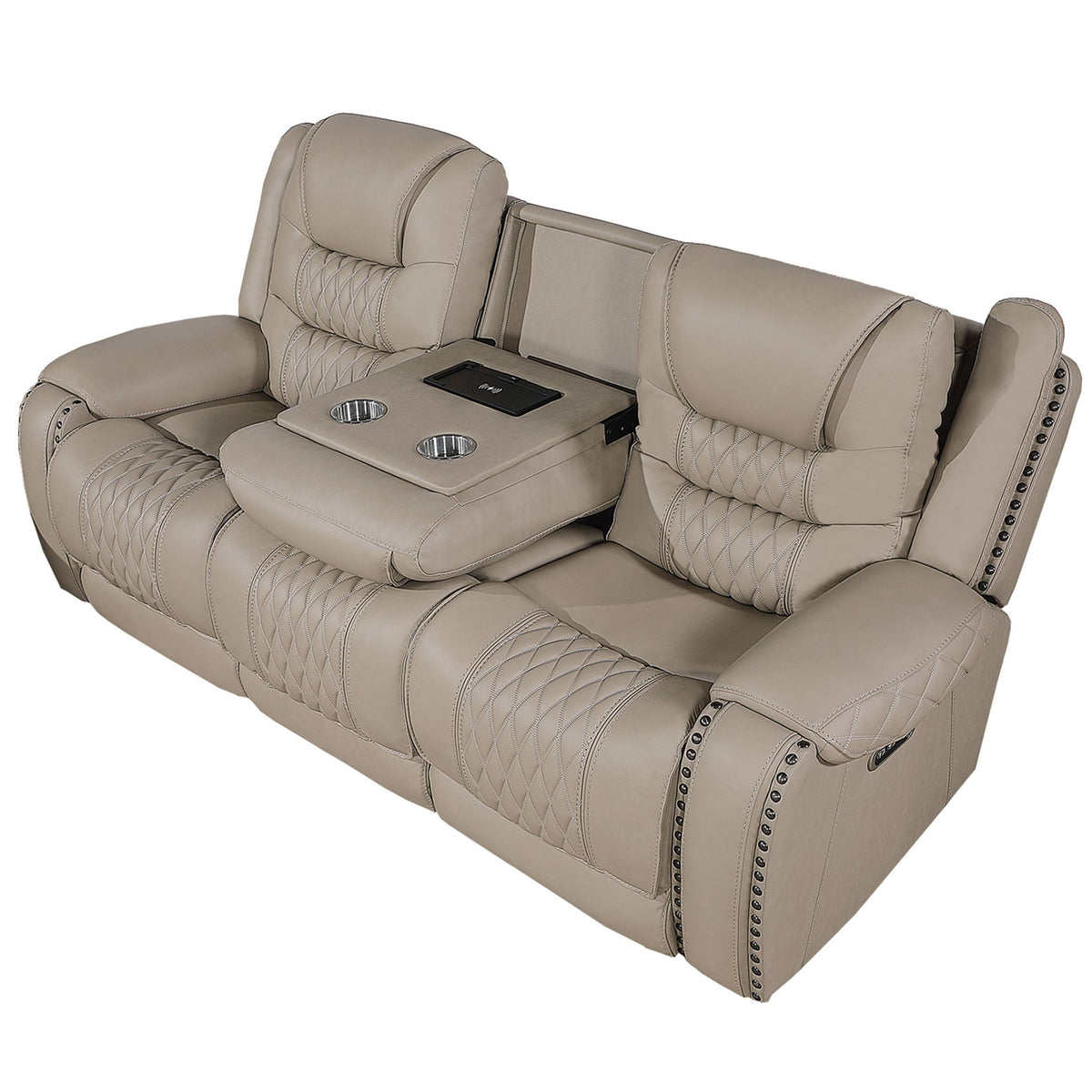 Power Reclining Sofa With USB Ports, Drop Down Table & Adjustable Headrest - Toffee