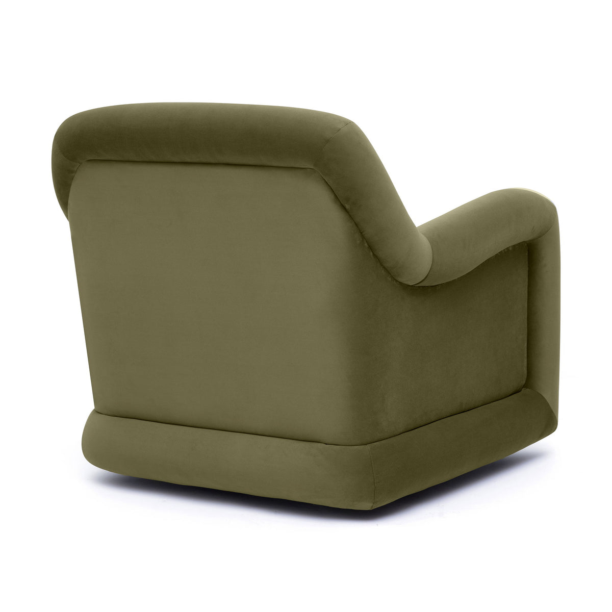 Olive green upholstered swivel chair with arched back and thick armrests.