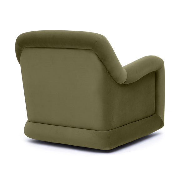 Olive green upholstered swivel chair with arched back and thick armrests.
