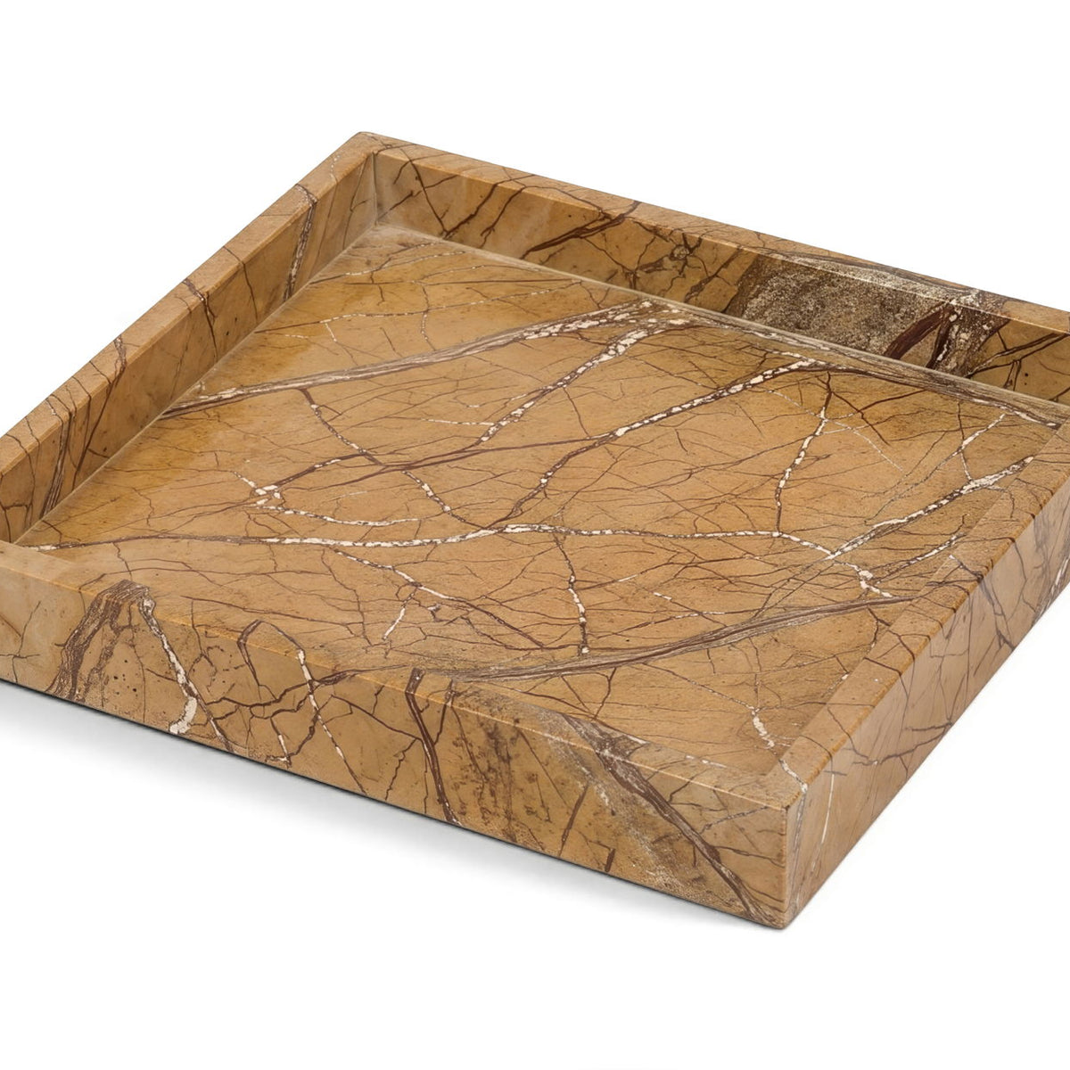 Brown marble tray with dark web-like veining and a flat recessed square basin