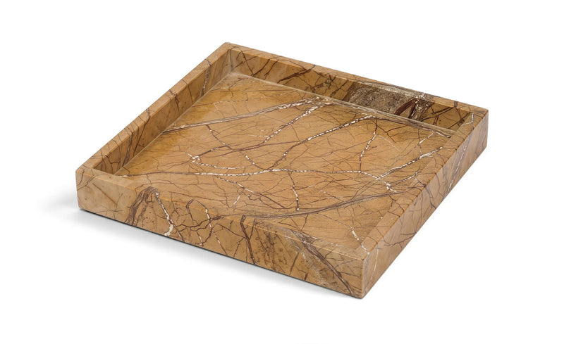 Brown marble tray with dark web-like veining and a flat recessed square basin