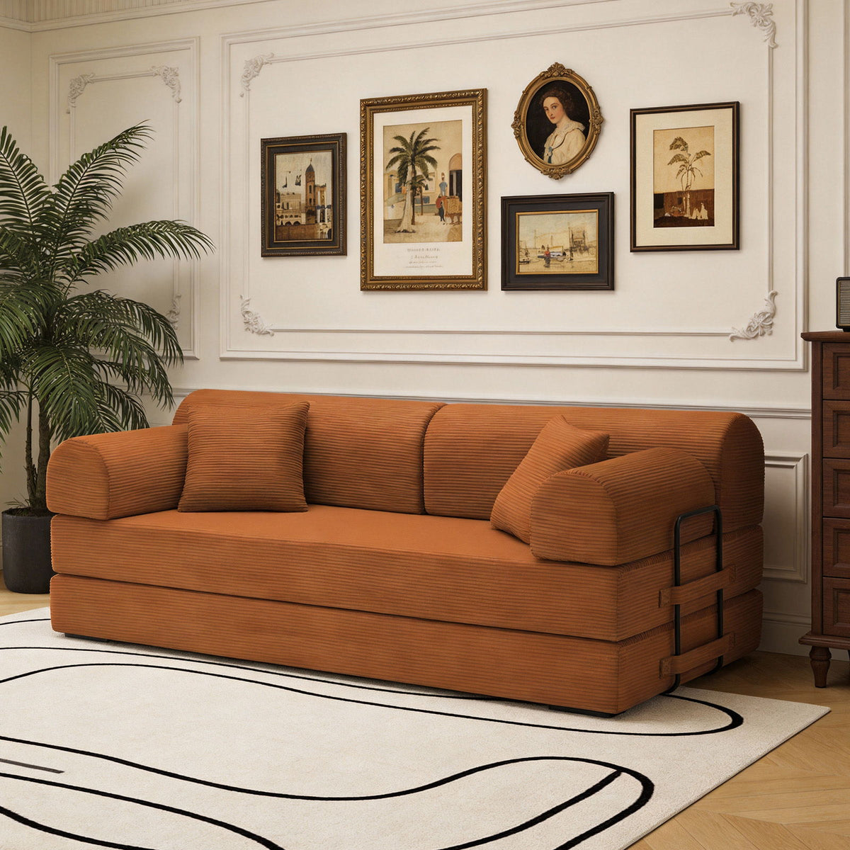 Orange convertible sleeper sofa bed with three seat cushions and squared arm design