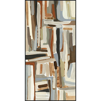 Abstract vertical architecture wall painting with blue, beige, and gray tones