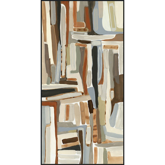 Abstract vertical architecture wall painting with blue, beige, and gray tones