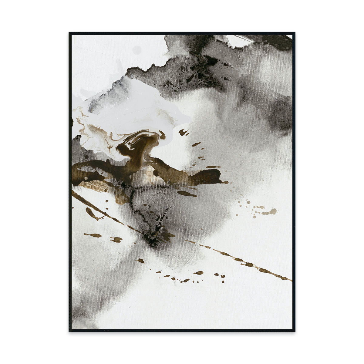 Abstract gray painting in black frame with white and gold splatter accents