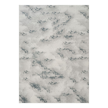 Gray area rug with geometric 3D effect and swirling line pattern.