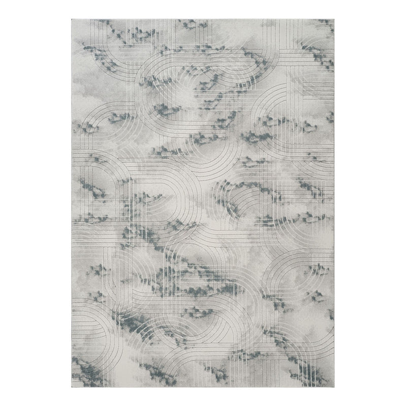 Gray area rug with geometric 3D effect and swirling line pattern.
