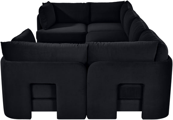 Black velvet U-shaped sectional sofa, 6-piece set with thick seat and back cushions.