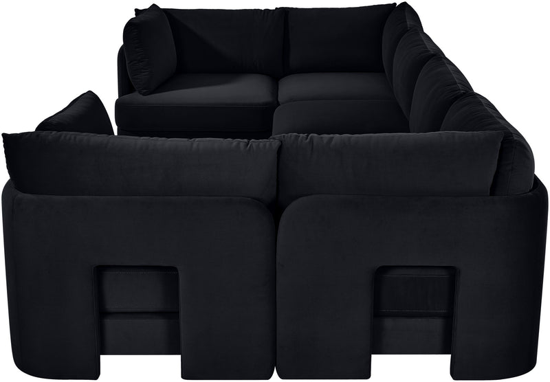 Black velvet U-shaped sectional sofa, 6-piece set with thick seat and back cushions.