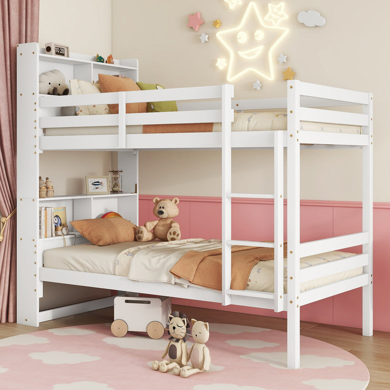 Twin Over Twin Bunk Bed with Shelves, Rubber Wood Bed with Shelves Headboard, Safety Guardrails and Ladder, Convertible to 2 Beds, White