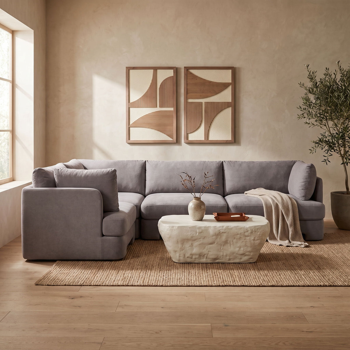 Gray velvet sectional sofa with chaise and ottoman, 4-piece set