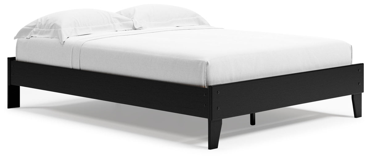 Finch queen platform bed, black frame with headboard, footboard, and slatted base