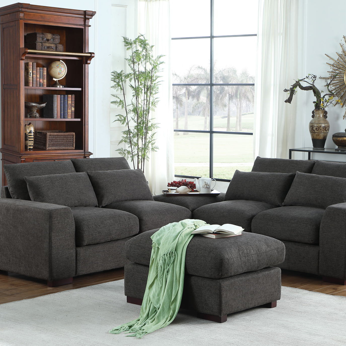 Tatman - Linen Blend Sectional With 2 Ottomans - Dark Gray