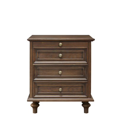 Farmhouse nightstand with four drawers, dark brown wood finish, round metal drawer pulls