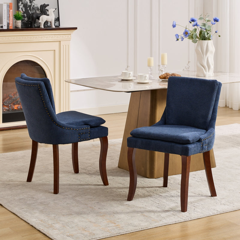Modern Dining Chairs Set of 2,Double-layer Cushioned Chenille fabric Upholstered Accent Side Leisure Chairs with Mid Back and Curved Solid Wood Legs for Living Room/Dining Room-Blue