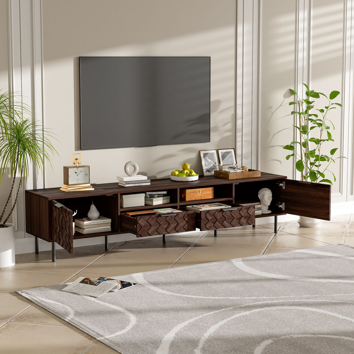 TV Stand For TVs Up To 85" With Closed Storage, Soft Closing Hinges, Living Room Entertainment Center - Walnut