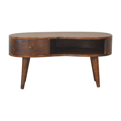 Wave coffee table with drawer, dark brown round top, open storage, tapered legs.