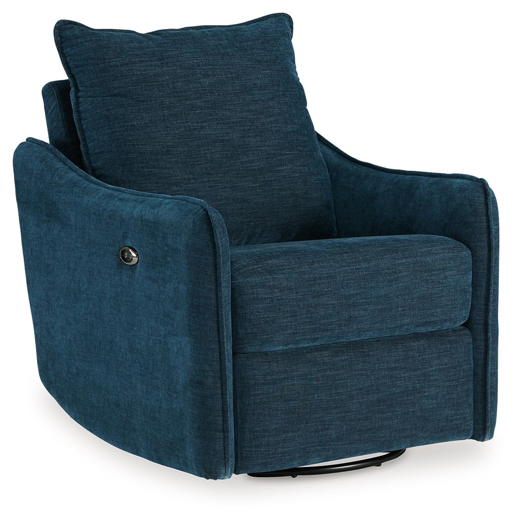 Navy swivel power recliner in dark blue fabric, padded arms, side button detail