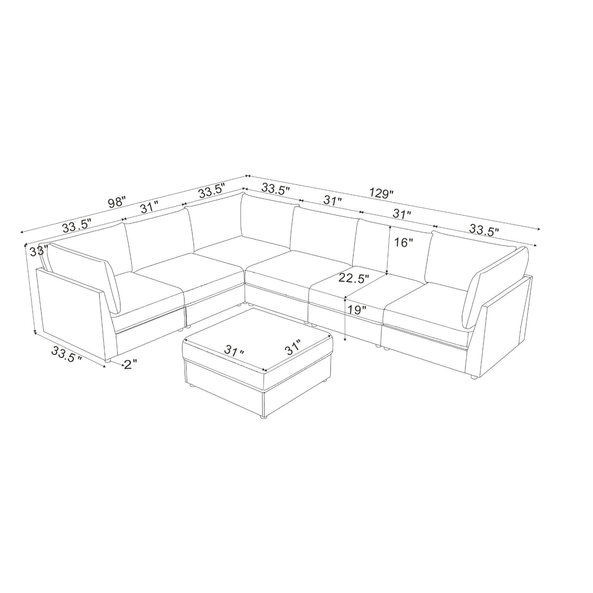 Modular sectional sofa with ottoman, white outline technical diagram with measurements.