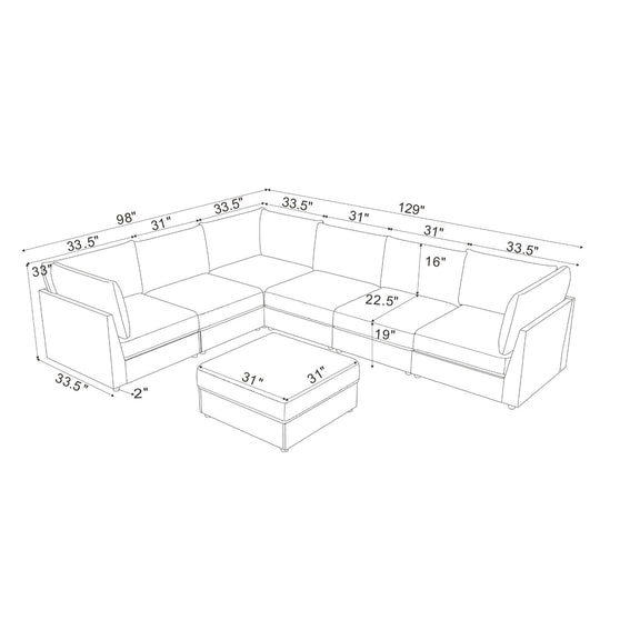Modular sectional sofa with ottoman, white outline technical diagram with measurements.