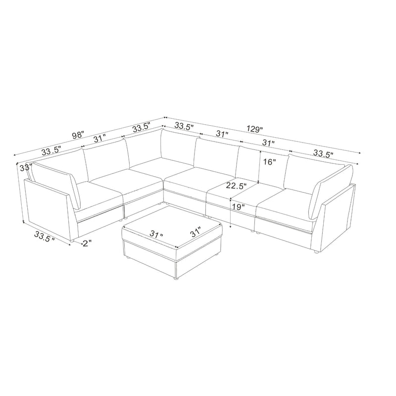 Modular sectional sofa with ottoman, white outline technical diagram with measurements.