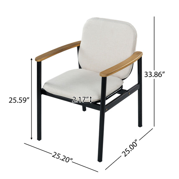 Beige outdoor dining chair with black frame, teak armrests, and seat cushion