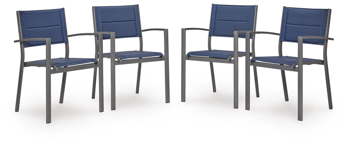 Four blue sling arm chairs with gray frames arranged together