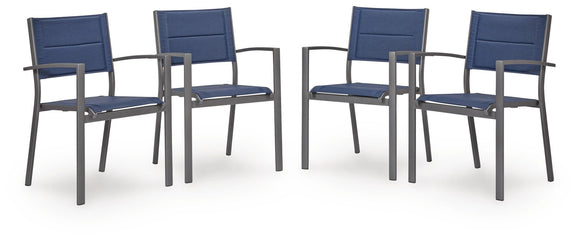 Four blue sling arm chairs with gray frames arranged together