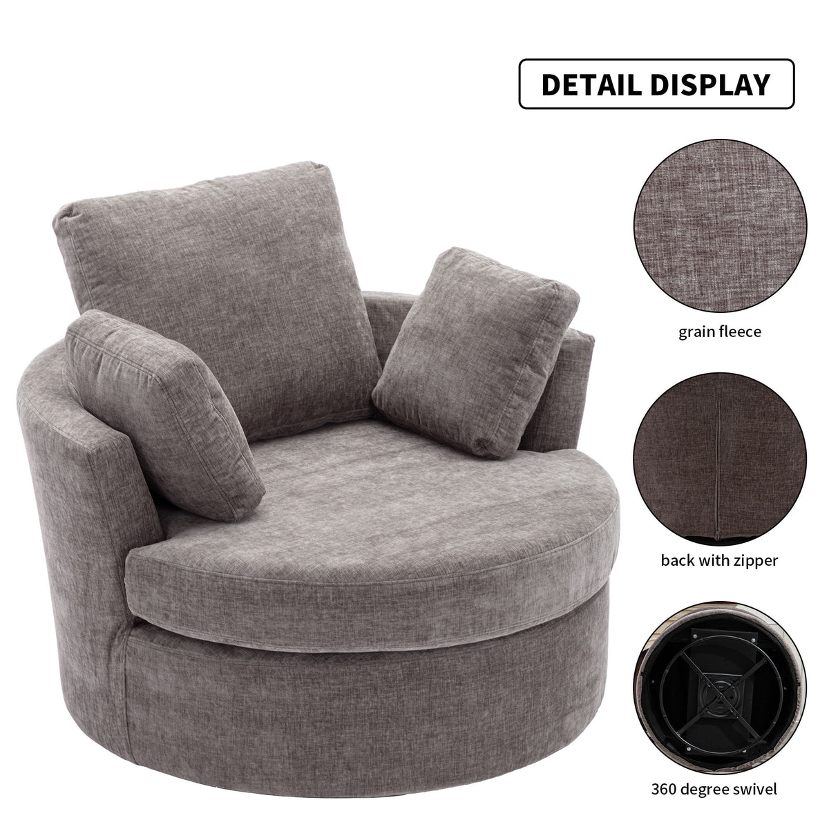 Oversize Round Swivel Chair Cozy Club 360 Degrees Swivel Sofa With 3 Pillows Chenille Fabric For Living Room