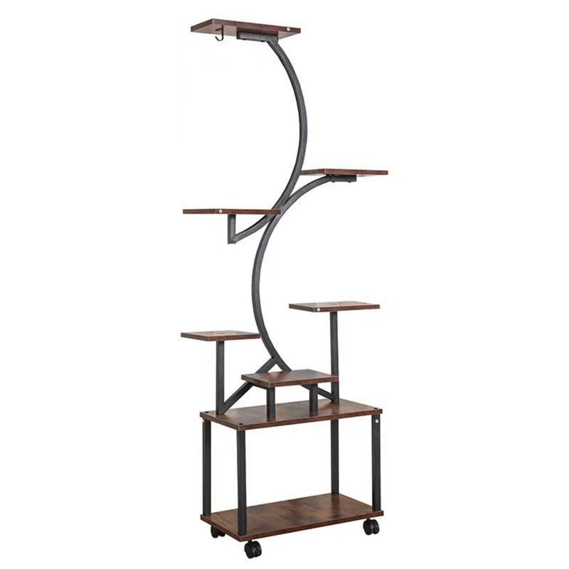 8 Tier Indoor Plant Stand With Grow Lights, S Shaped Metal Shelf For Multiple Plants - Black / Dark Walnut