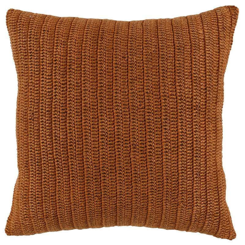 Rust brown textured woven lumbar pillow, rectangular shape with stitched edges
