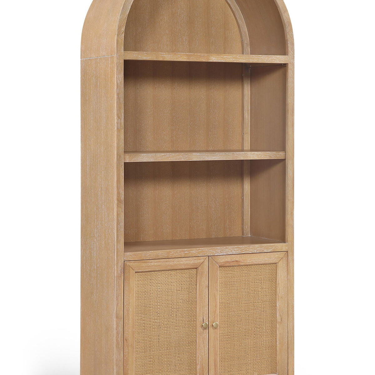 Light brown oak veneer bookcase with arched top, open shelves, and mesh cabinet doors