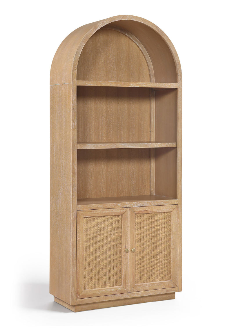 Light brown oak veneer bookcase with arched top, open shelves, and mesh cabinet doors