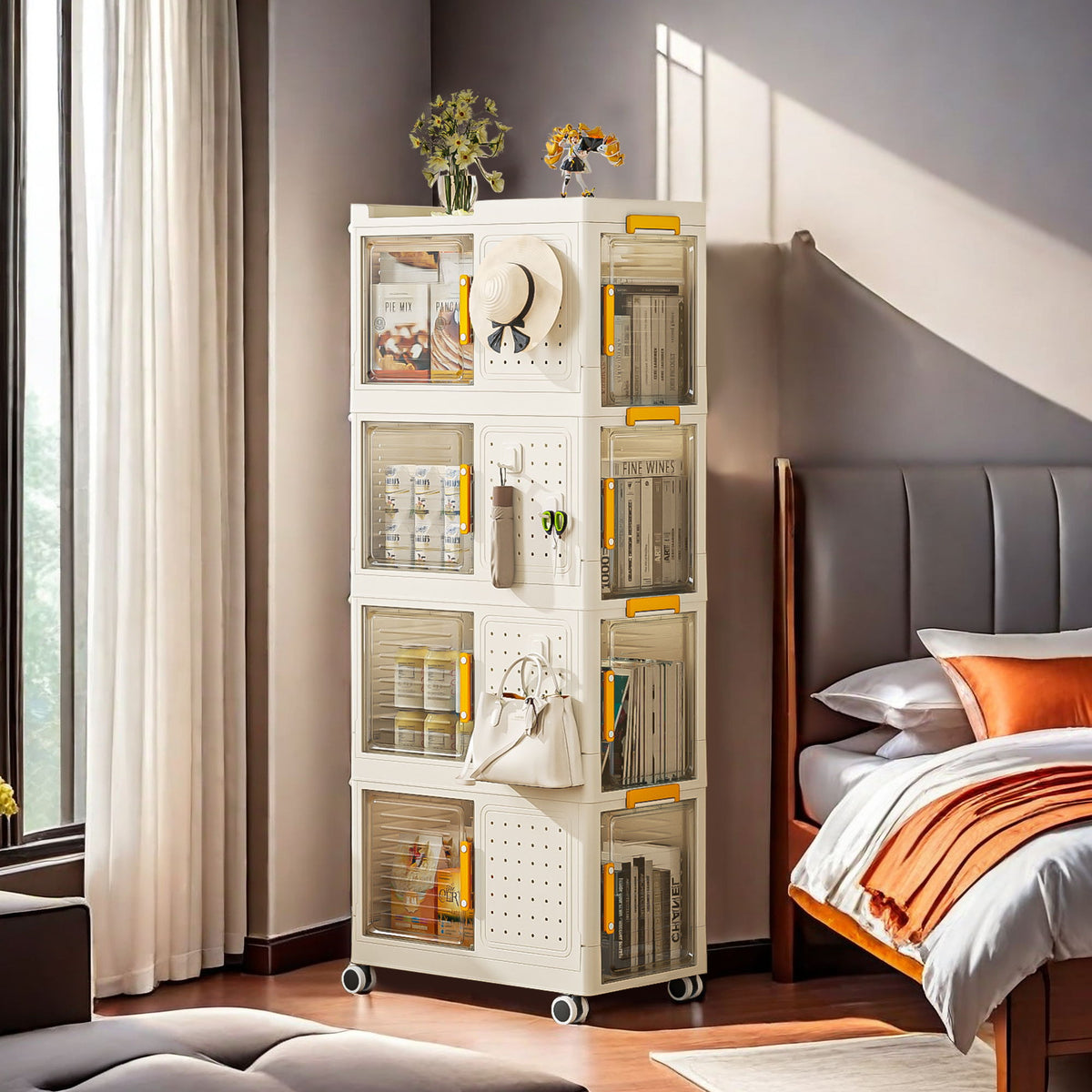 4 Tier Rolling Storage Bookcase With Wheels And Large Capacity Storage Bins - Cream