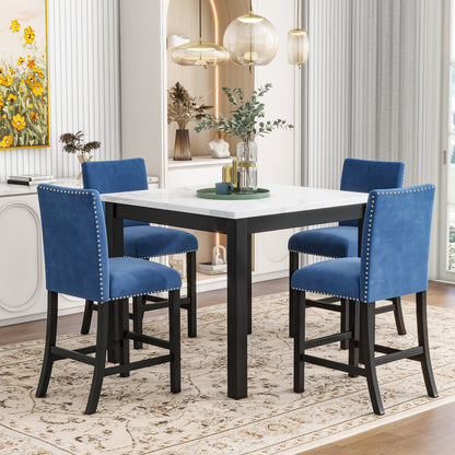 5-piece Counter Height Dining Table Set with One Faux Marble Top Dining Table and Four Velvet-Upholstered Chairs, Blue, Glam