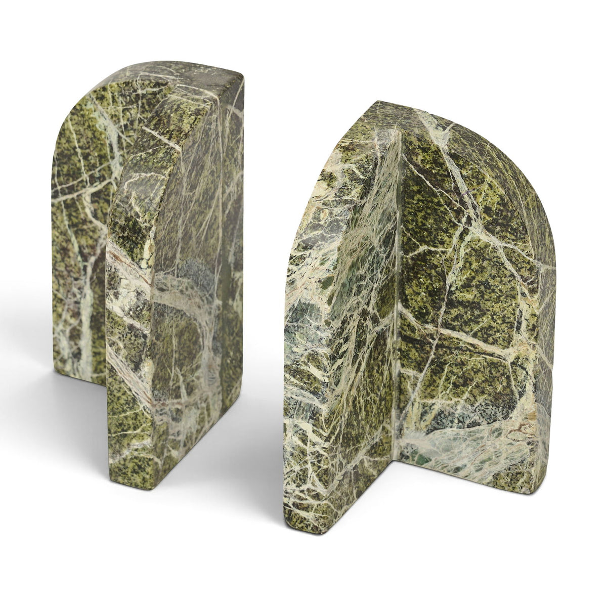 Green marble bookends with white veining and arched back, set of 2