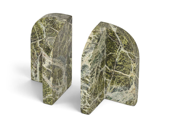 Green marble bookends with white veining and arched back, set of 2