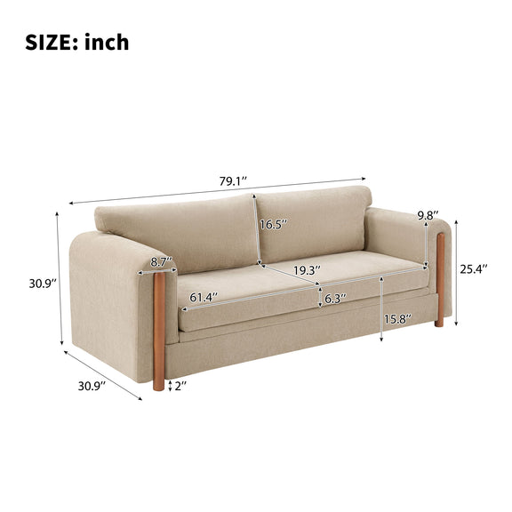 Beige 3-seat upholstered couch with wooden arms and printed size measurements