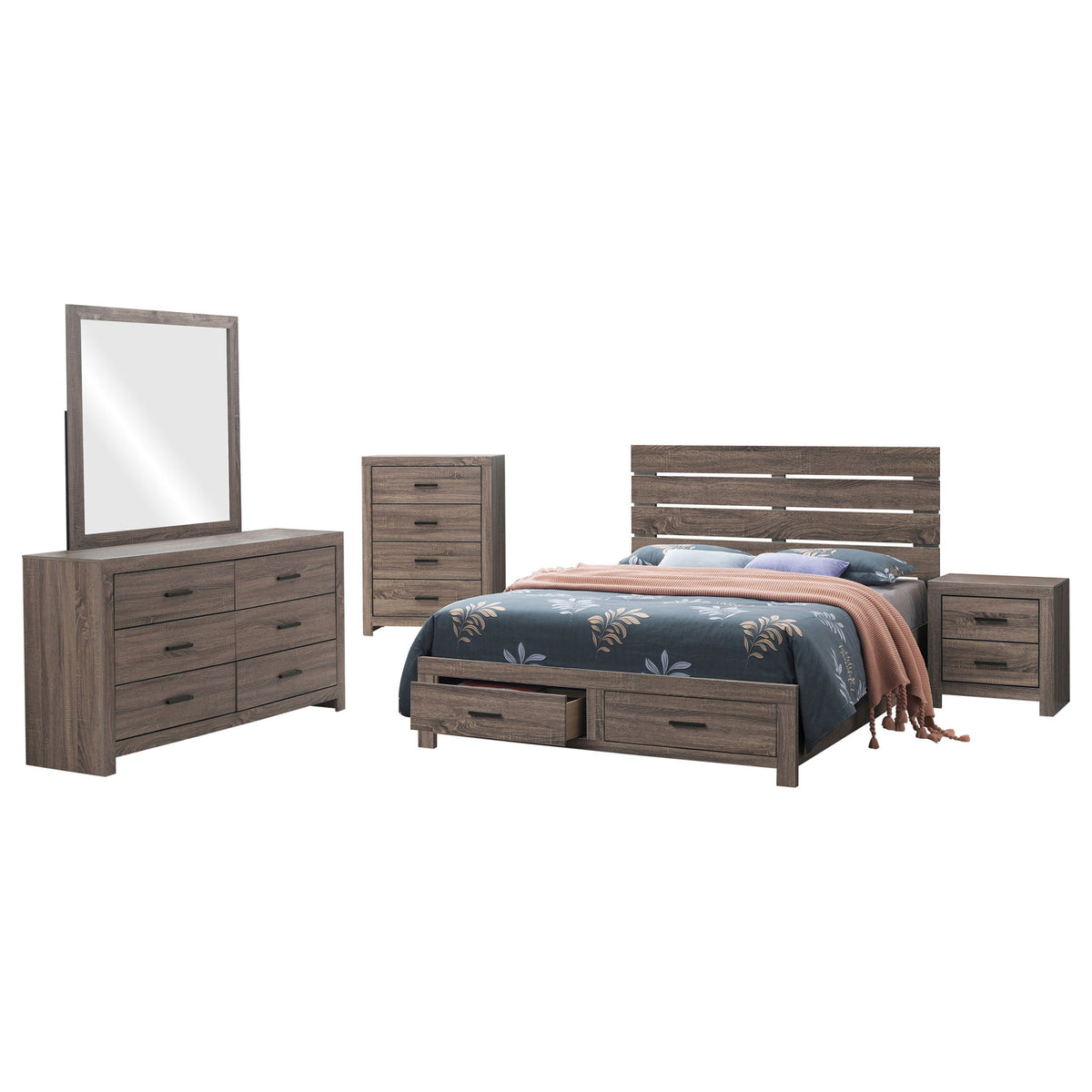 Dark brown bedroom set: platform bed with slats, dresser, nightstand, chest, and mirror