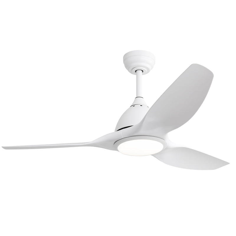White ceiling fan with three wide blades and round dome light housing