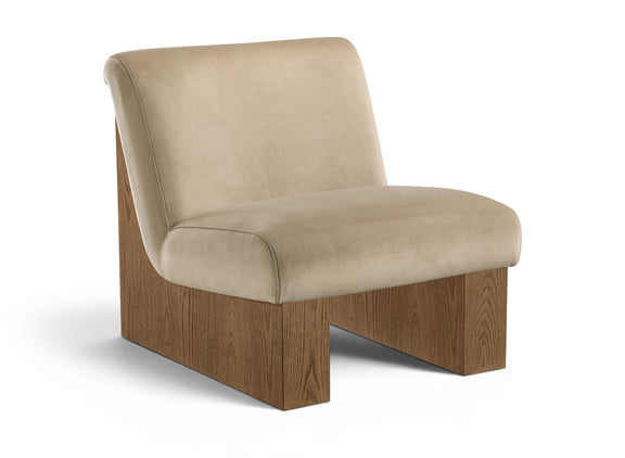 Velvet accent chair with light beige upholstery and walnut-toned wood base, cushioned back.